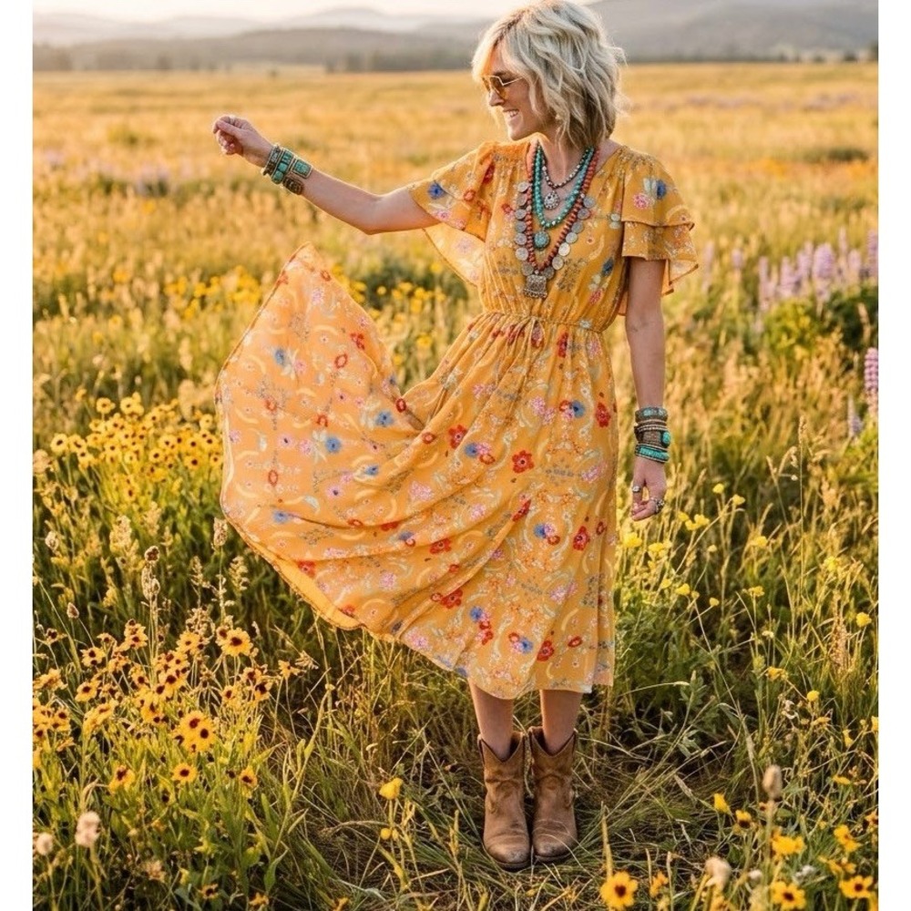 Modcloth Awaken Your Enthusiasm Ruffled Floral Dress L•Midi Coquette Cottage EUC
